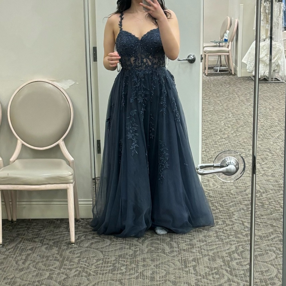 Greyish Blue Prom Dress with Leaves and Sparkles